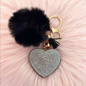 Black and Gold Heart Keychain with Pom Pom